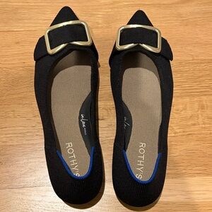 Rothy's Black Flats with Gold and Blue Accents